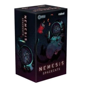 "Nemesis: Space Cats es un juego de mesa de estrategia para 1-5 jugadores. Explora una nave infestada de alienígenas, completa tus misiones secretas y sobrevive en el espacio. A partir de 14 años."