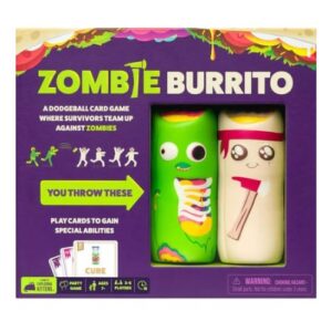 "Zombie Burrito es un juego de cartas rápido y caótico donde los jugadores enfrentan zombis y burritos voladores. Ideal para 2-6 jugadores a partir de 7 años, ¡un juego de risas y acción para toda la familia!"