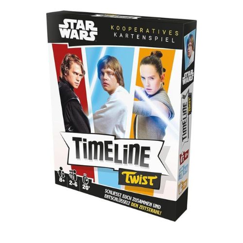 "Timeline Twist Star Wars es un juego de cartas desafiante y divertido donde los jugadores deben ordenar eventos clave del universo Star Wars. Ideal para 2-8 jugadores a partir de 8 años, ¡un juego para fans de la saga!"