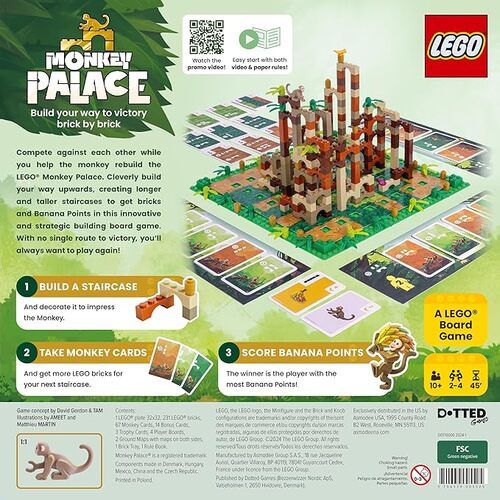 "Monkey Palace es un divertido juego de cartas de estrategia para 2-6 jugadores. Ideal para familias y grupos, a partir de 8 años. ¡Construye tu palacio de monos y compite por la victoria!"