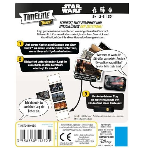 "Timeline Twist Star Wars es un juego de cartas desafiante y divertido donde los jugadores deben ordenar eventos clave del universo Star Wars. Ideal para 2-8 jugadores a partir de 8 años, ¡un juego para fans de la saga!"