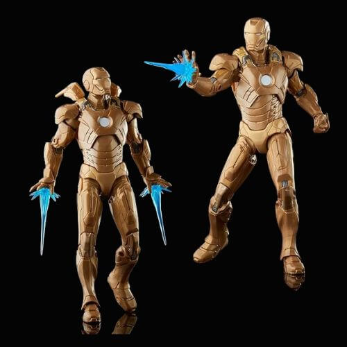 Set de 2 figuras de acción Armor y Happy Hogan de 15 cm. Articuladas y con detalles precisos. Perfectas para coleccionistas de Marvel.