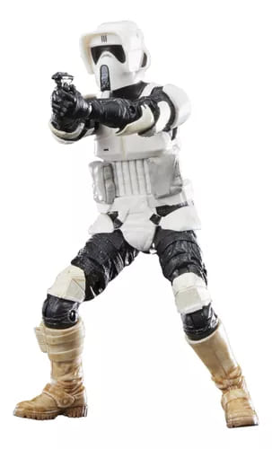 Figura Biker Scout 40º aniversario de Star Wars: El Regreso del Jedi, parte de la serie Black Series. Con detalles auténticos, bláster y empaque exclusivo, ideal para coleccionistas y fanáticos de la saga.