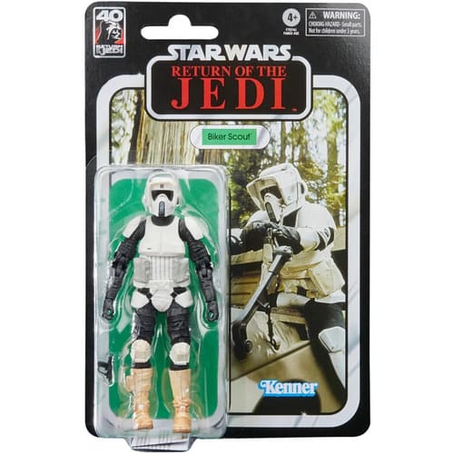 Figura Biker Scout 40º aniversario de Star Wars: El Regreso del Jedi, parte de la serie Black Series. Con detalles auténticos, bláster y empaque exclusivo, ideal para coleccionistas y fanáticos de la saga.