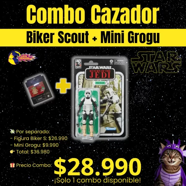 Combo Cazador con Biker Scout y Mini Grogu – Regalo original para el Día del Niño – Cats&Dragons