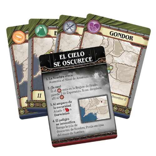 Componentes del juego El Señor de los Anillos: Destino de la Comunidad con cartas, fichas y miniaturas de personajes. Cats&Dragons