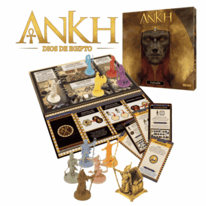 Juego de mesa Ankh: Faraón en Cats&Dragons con tablero, miniaturas y cartas ambientadas en el antiguo Egipto.