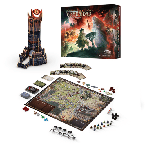 Tablero, Componentes del juego El Señor de los Anillos: Destino de la Comunidad con cartas, fichas y miniaturas de personajes. Cats&Dragons